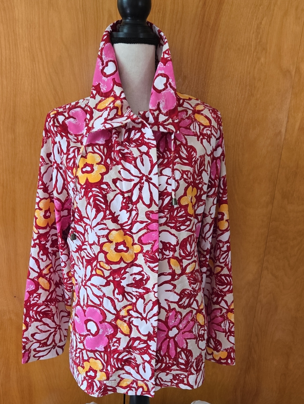 Chico's Zenergy Floral Print Jacket in Pink, Red & Yellow